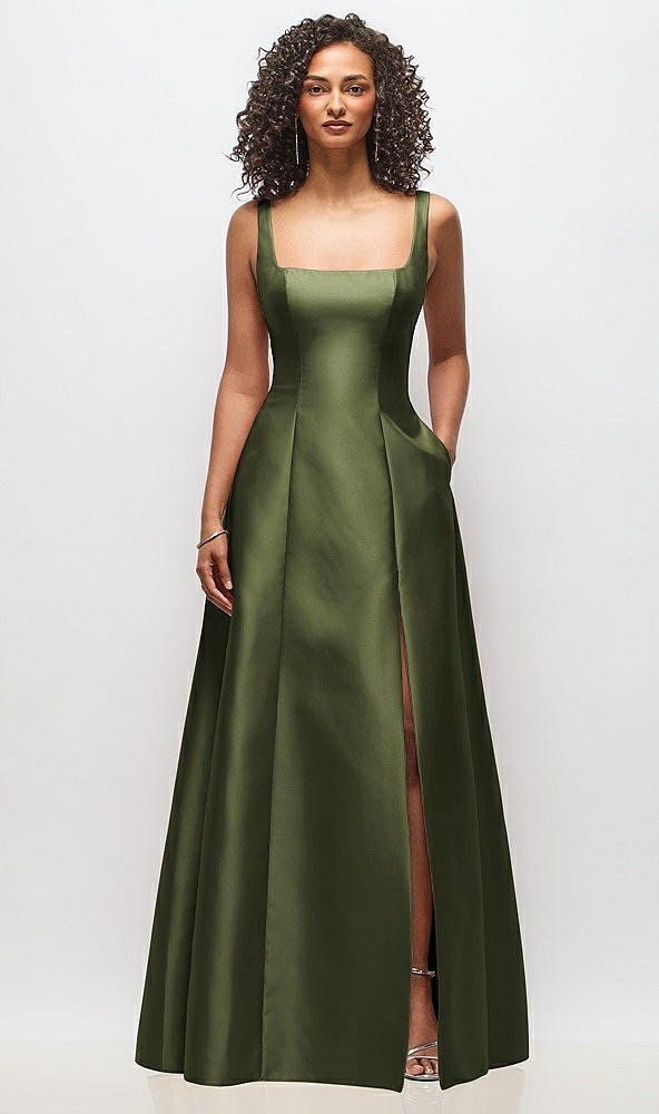 Front View - Olive Green Sleeveless Square-Neck Princess Line Gown with Pockets