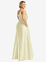 Rear View Thumbnail - Butter Yellow One-Shoulder Satin Gown with Draped Front Slit and Pockets