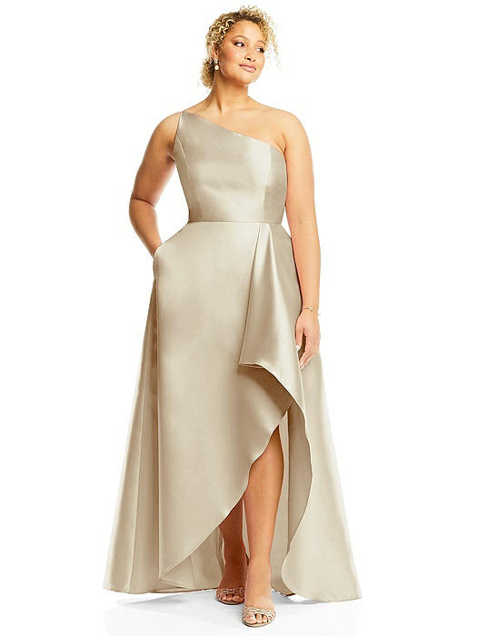 One-Shoulder Satin Gown with Draped Front Slit and Pockets