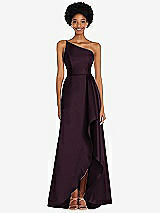 Alt View 1 Thumbnail - Deep Plum One-Shoulder Satin Gown with Draped Front Slit and Pockets