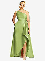 Front View Thumbnail - Mojito One-Shoulder Satin Gown with Draped Front Slit and Pockets