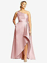 Front View Thumbnail - Ballet Pink One-Shoulder Satin Gown with Draped Front Slit and Pockets