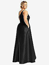 Rear View Thumbnail - Black One-Shoulder Satin Gown with Draped Front Slit and Pockets