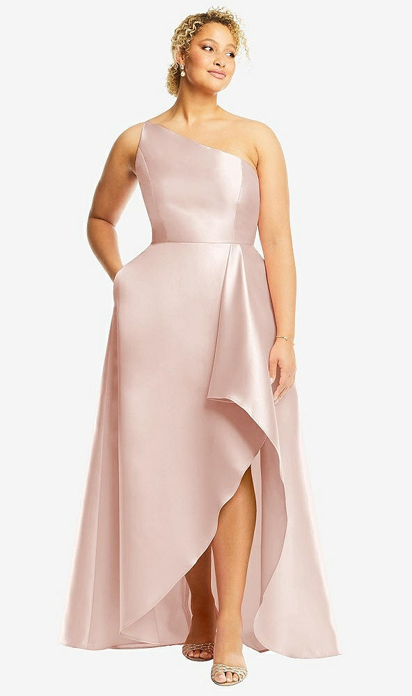 Front View - Blush One-Shoulder Satin Gown with Draped Front Slit and Pockets