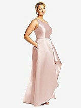 Side View Thumbnail - Blush One-Shoulder Satin Gown with Draped Front Slit and Pockets