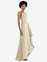 Alt View 2 Thumbnail - Champagne One-Shoulder Satin Gown with Draped Front Slit and Pockets
