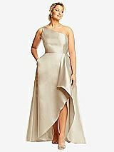 Front View Thumbnail - Champagne One-Shoulder Satin Gown with Draped Front Slit and Pockets