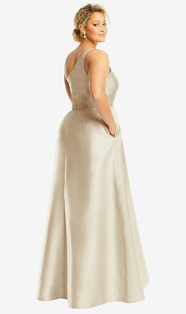 Back View - Champagne One-Shoulder Satin Gown with Draped Front Slit and Pockets