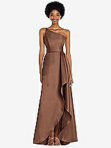Alt View 1 Thumbnail - Cognac One-Shoulder Satin Gown with Draped Front Slit and Pockets