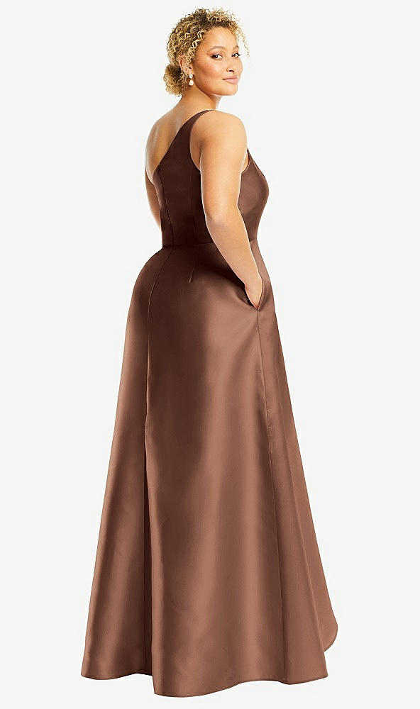 Back View - Cognac One-Shoulder Satin Gown with Draped Front Slit and Pockets