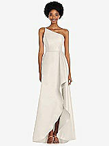 Alt View 1 Thumbnail - Ivory One-Shoulder Satin Gown with Draped Front Slit and Pockets