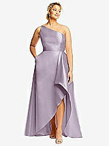 Front View Thumbnail - Lilac Haze One-Shoulder Satin Gown with Draped Front Slit and Pockets