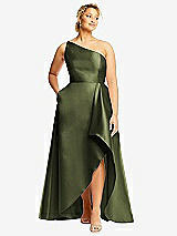 Front View Thumbnail - Olive Green One-Shoulder Satin Gown with Draped Front Slit and Pockets