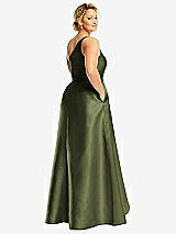 Rear View Thumbnail - Olive Green One-Shoulder Satin Gown with Draped Front Slit and Pockets