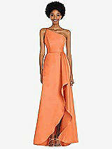 Alt View 1 Thumbnail - Portofino Orange One-Shoulder Satin Gown with Draped Front Slit and Pockets
