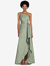 Alt View 1 Thumbnail - Sage One-Shoulder Satin Gown with Draped Front Slit and Pockets