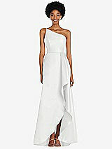 Alt View 1 Thumbnail - White One-Shoulder Satin Gown with Draped Front Slit and Pockets