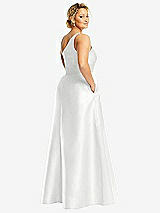 Rear View Thumbnail - White One-Shoulder Satin Gown with Draped Front Slit and Pockets