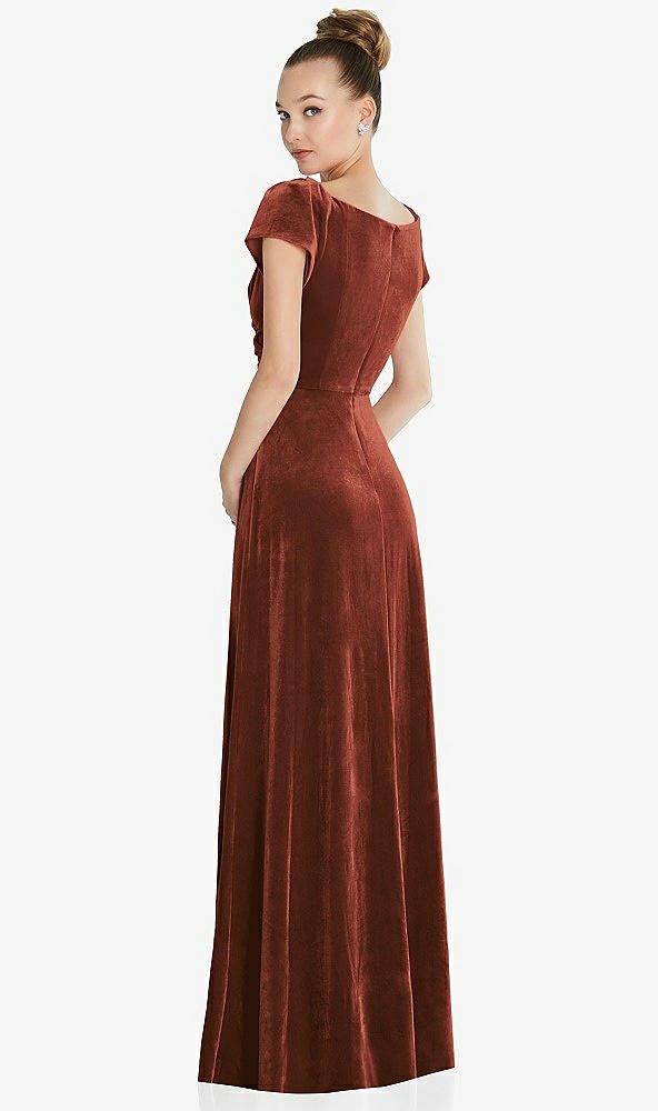 Back View - Auburn Moon Cap Sleeve Faux Wrap Velvet Maxi Dress with Pockets
