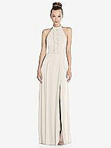 Front View Thumbnail - Ivory Halter Backless Maxi Dress with Crystal Button Ruffle Placket