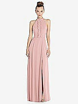 Front View Thumbnail - Rose Halter Backless Maxi Dress with Crystal Button Ruffle Placket