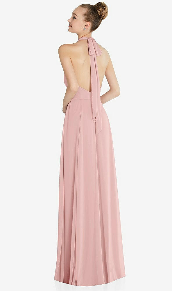 Back View - Rose Halter Backless Maxi Dress with Crystal Button Ruffle Placket