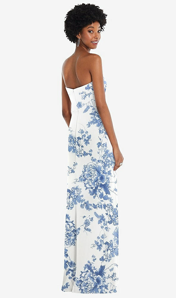 Back View - Cottage Rose Dusk Blue Strapless Sweetheart Maxi Dress with Pleated Front Slit