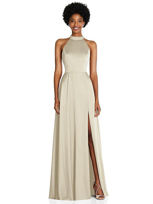 Stand Collar Cutout Tie Back Maxi Dress with Front Slit