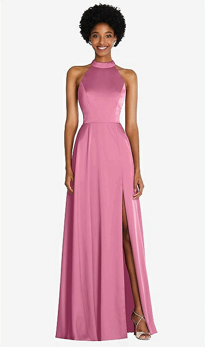 Stand Collar Cutout Tie Back Maxi Bridesmaid Dress With Front Slit