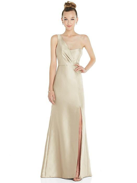Draped One-Shoulder Satin Trumpet Gown with Front Slit