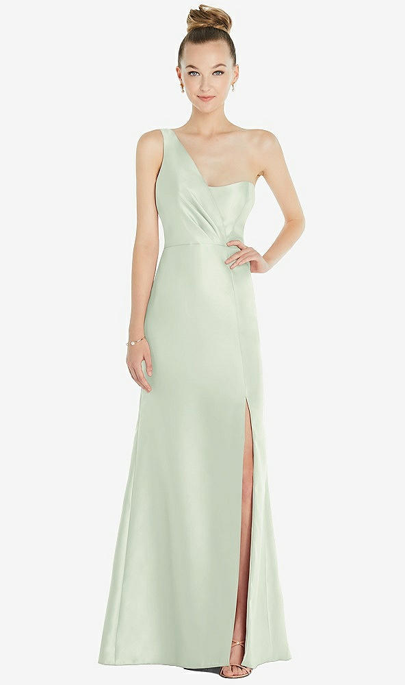 Front View - Mint Green Draped One-Shoulder Satin Trumpet Gown with Front Slit