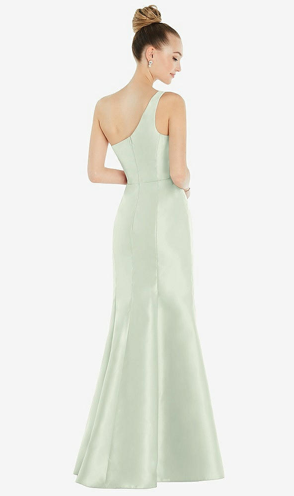 Back View - Mint Green Draped One-Shoulder Satin Trumpet Gown with Front Slit