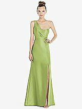 Front View Thumbnail - Mojito Draped One-Shoulder Satin Trumpet Gown with Front Slit