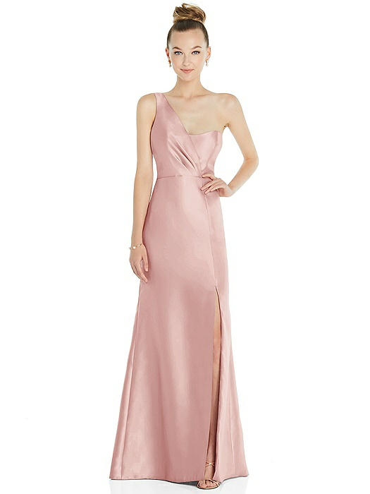 Draped One-Shoulder Satin Trumpet Gown with Front Slit