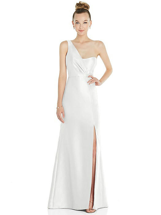 Draped One-Shoulder Satin Trumpet Gown with Front Slit