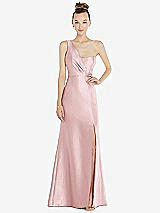 Front View Thumbnail - Ballet Pink Draped One-Shoulder Satin Trumpet Gown with Front Slit