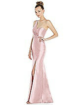 Side View Thumbnail - Ballet Pink Draped One-Shoulder Satin Trumpet Gown with Front Slit