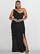 Alt View 1 Thumbnail - Black Draped One-Shoulder Satin Trumpet Gown with Front Slit