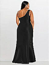 Alt View 2 Thumbnail - Black Draped One-Shoulder Satin Trumpet Gown with Front Slit