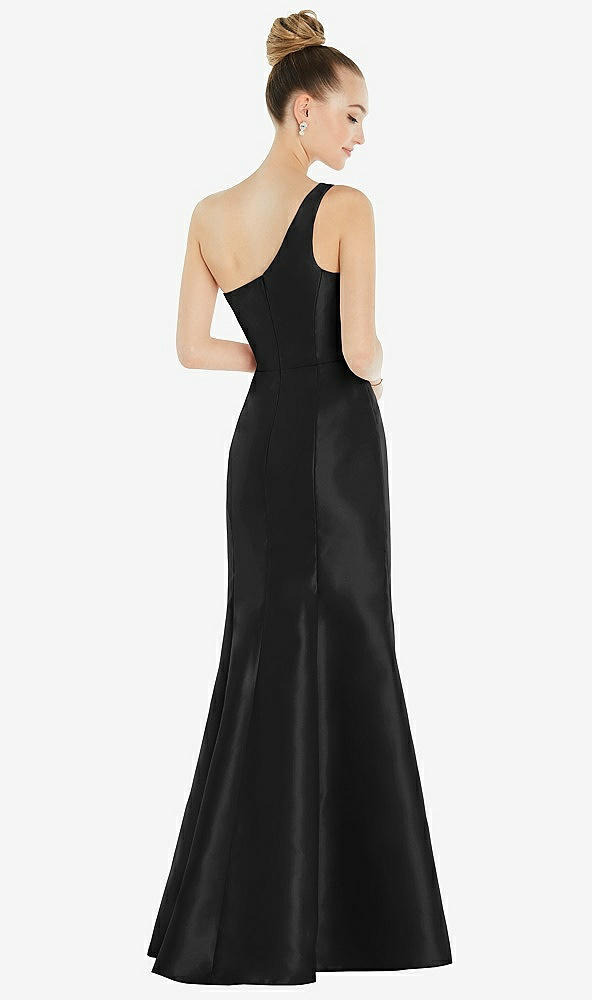Back View - Black Draped One-Shoulder Satin Trumpet Gown with Front Slit