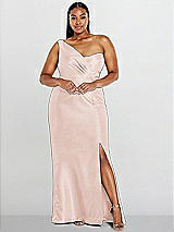 Alt View 1 Thumbnail - Blush Draped One-Shoulder Satin Trumpet Gown with Front Slit