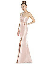 Side View Thumbnail - Blush Draped One-Shoulder Satin Trumpet Gown with Front Slit