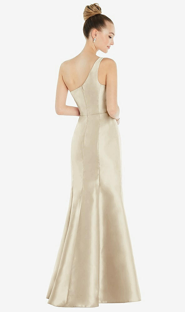 Back View - Champagne Draped One-Shoulder Satin Trumpet Gown with Front Slit