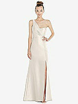 Front View Thumbnail - Ivory Draped One-Shoulder Satin Trumpet Gown with Front Slit