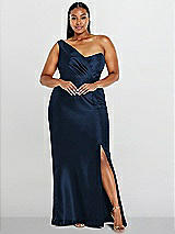 Alt View 1 Thumbnail - Midnight Navy Draped One-Shoulder Satin Trumpet Gown with Front Slit