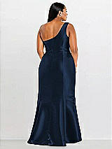 Alt View 2 Thumbnail - Midnight Navy Draped One-Shoulder Satin Trumpet Gown with Front Slit