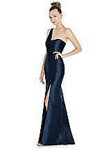 Side View Thumbnail - Midnight Navy Draped One-Shoulder Satin Trumpet Gown with Front Slit