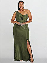 Alt View 1 Thumbnail - Olive Green Draped One-Shoulder Satin Trumpet Gown with Front Slit