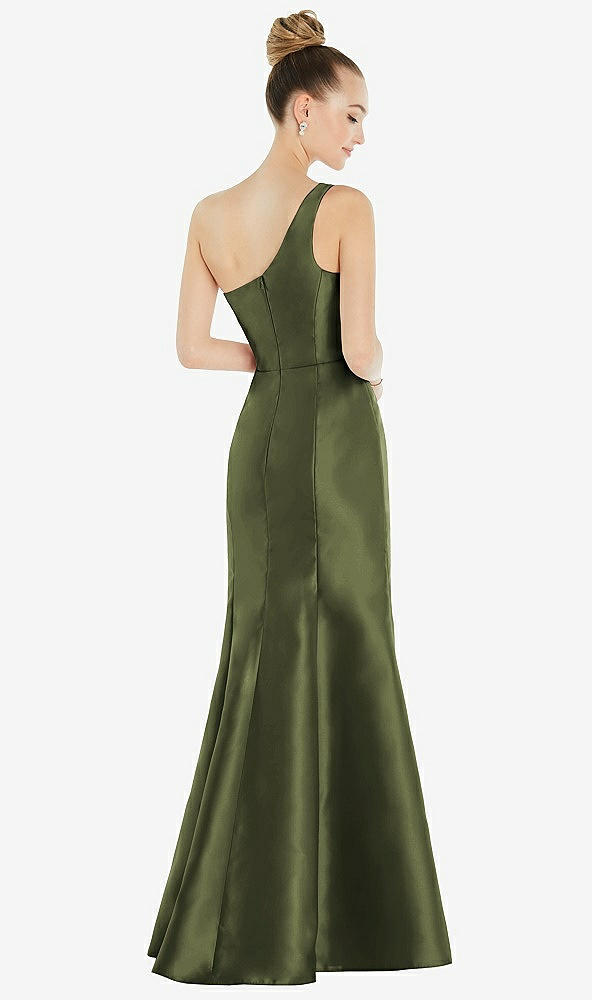 Back View - Olive Green Draped One-Shoulder Satin Trumpet Gown with Front Slit