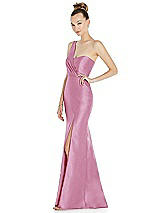 Side View Thumbnail - Powder Pink Draped One-Shoulder Satin Trumpet Gown with Front Slit
